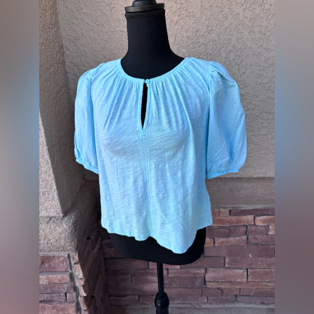 EUC Old Navy Puff Sleeve Blouse Small Blue 100% Cotton Lightweight Summer Top